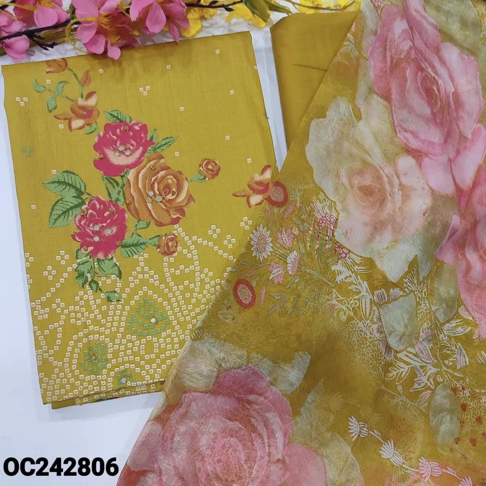 CODE OC242806: Mehandhi yellow bandhini printed soft cotton unstitched salwar material foil work all over(lining