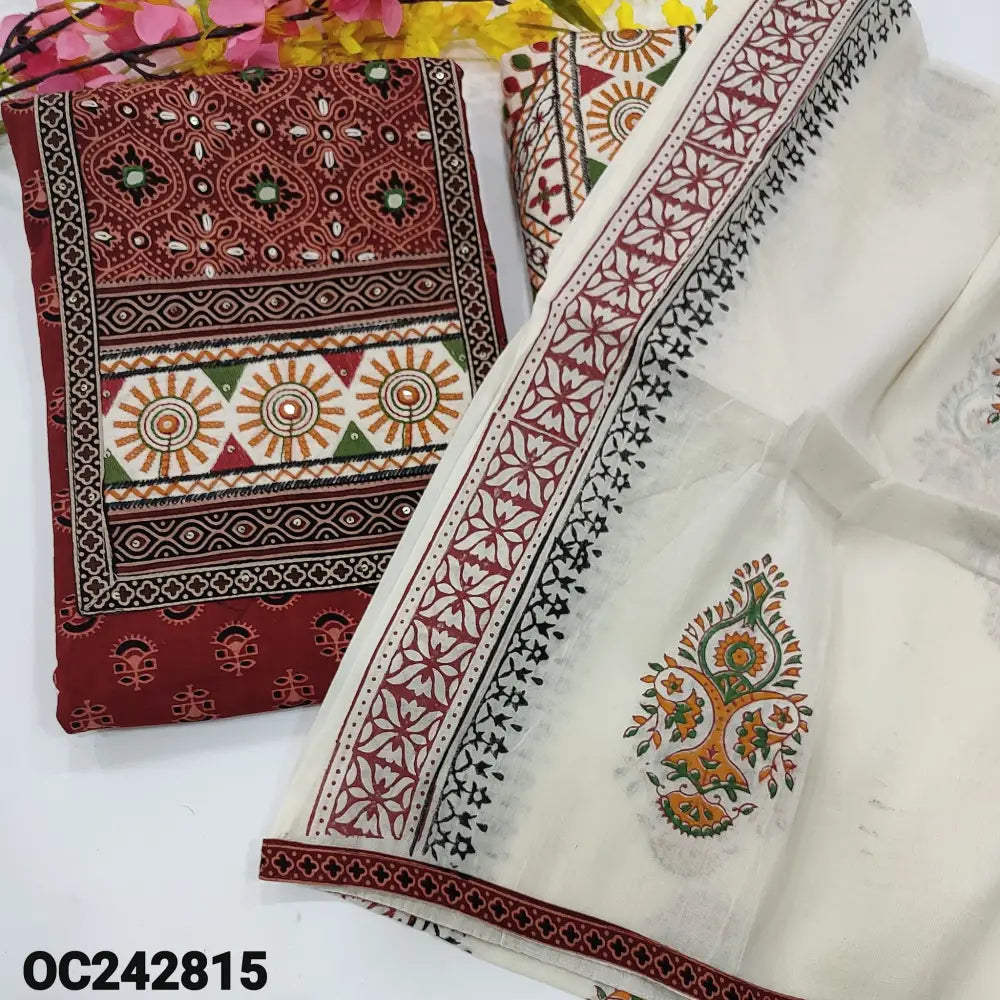 CODE OC242815: Maroon ajrak block printed pure soft cotton unstitched salwar material embroidered &real mirror work