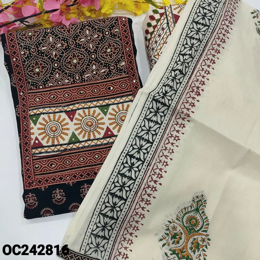CODE OC242816: Black ajrak block printed pure soft cotton unstitched salwar material embroidered &real mirror work
