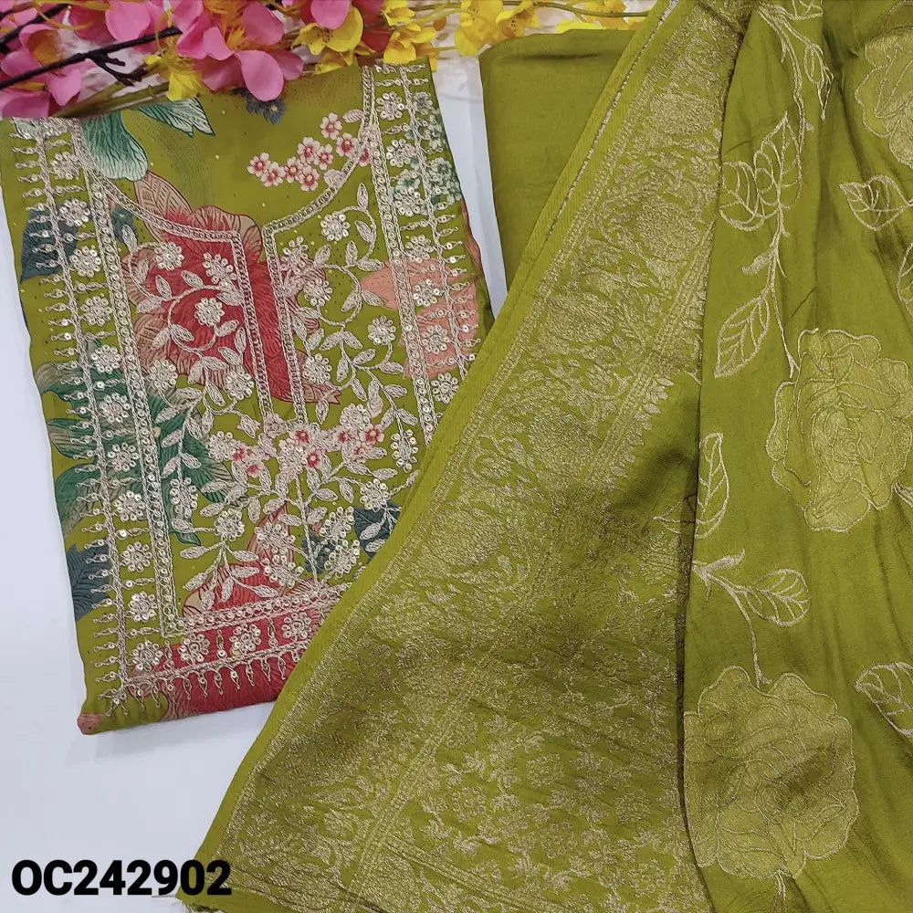 CODE OC242902: Mossy green floral printed premium silk cotton unstitched salwar material heavy zari& sequins work