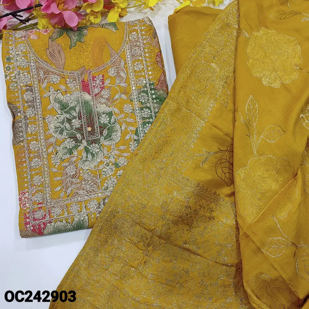 CODE OC242903: Mehandhi yellow floral printed premium silk cotton unstitched salwar material heavy zari& sequins work