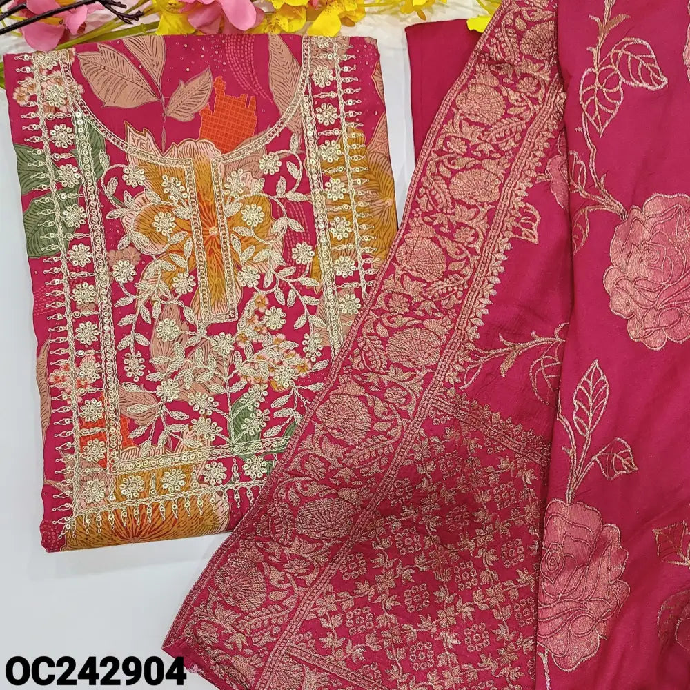 CODE OC242904: Bright pink floral printed premium silk cotton unstitched salwar material heavy zari& sequins work