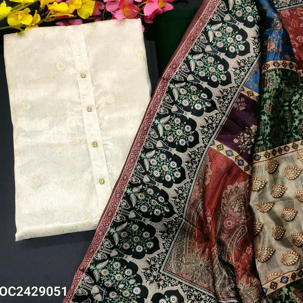 CODE OC2429051: Beige with golden tint jakard silk cotton unstitched salwar material fancy buttons on yoke embroidered&