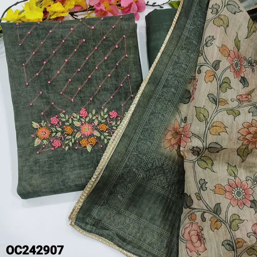 CODE OC242907: Dark grey with thin gold zari line tissue silk cotton unstitched salwar material embroidered