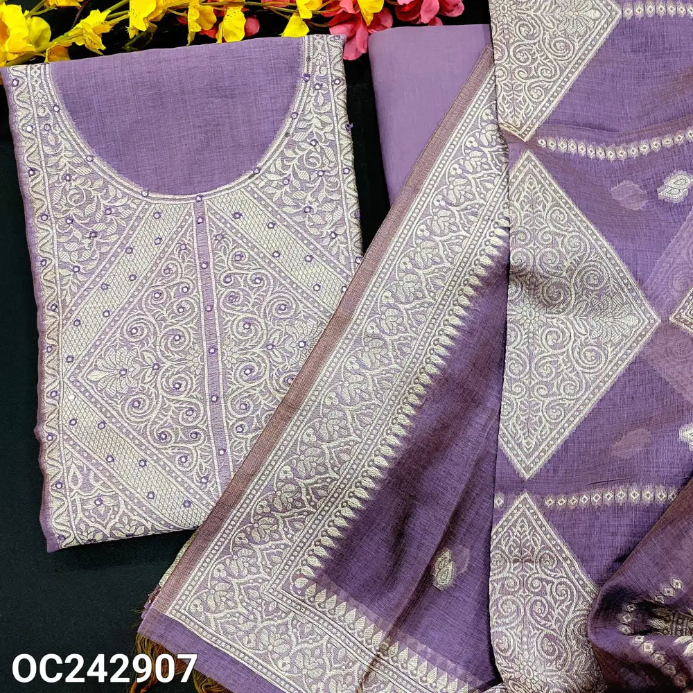 CODE OC242907: Light purple jamdani woven premium silk cotton unstitched salwar material faux mirror work on yoke(thin