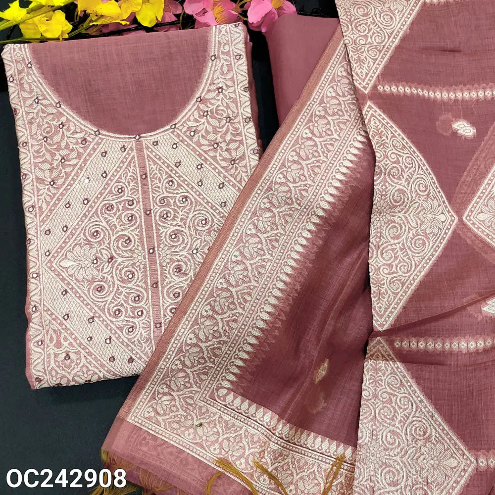 CODE OC242908: Dark onion pink jamdani woven premium silk cotton unstitched salwar material faux mirror work