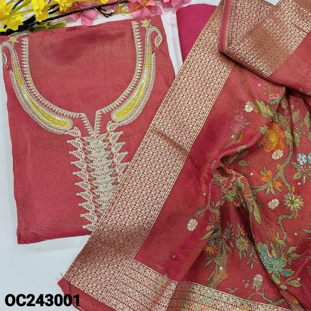 CODE OC243001: Bright pink with golden tint premium tissue silk unstitched salwar material rich work on yoke sequins