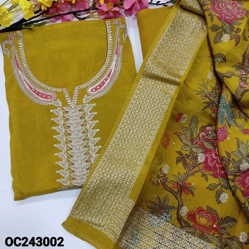 CODE OC243002: Bright mehandhi yellow with golden tint premium tissue silk unstitched salwar material rich work on yoke