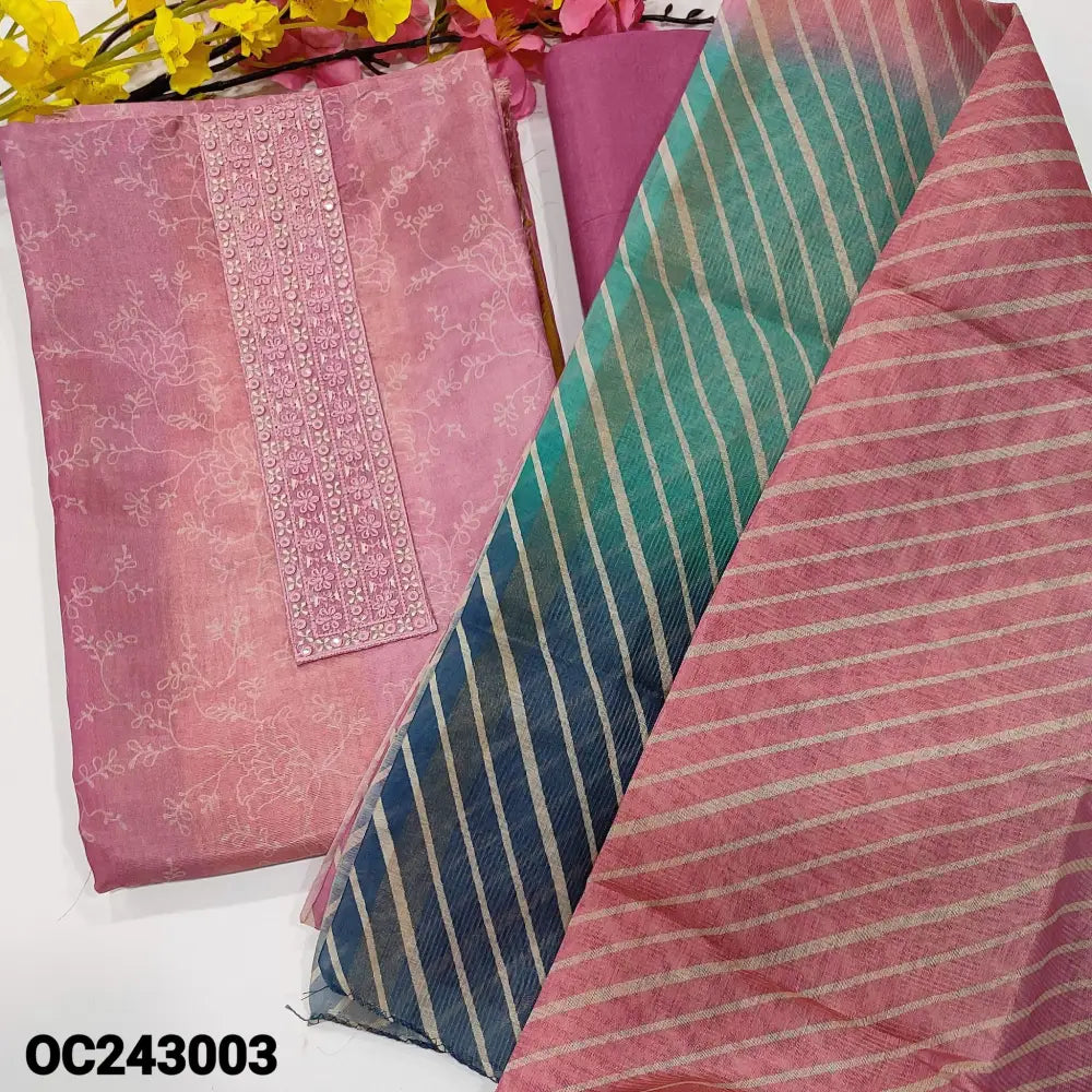 CODE OC243003: Purple &pink printed fancy tissue silk cotton unstitched salwar material thread& foil work on yoke(thin