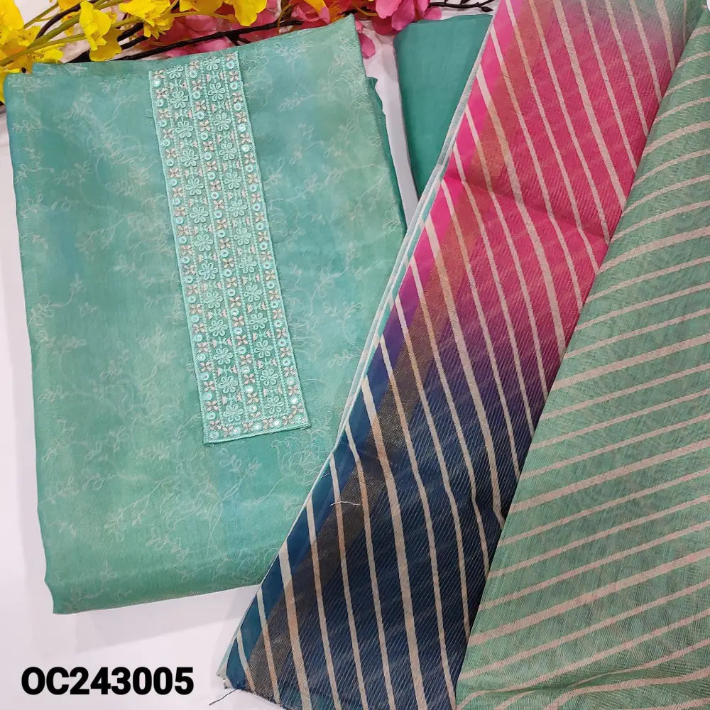 CODE OC243005: Light &dark shaded pastel blue printed fancy tissue silk cotton unstitched salwar material thread& foil