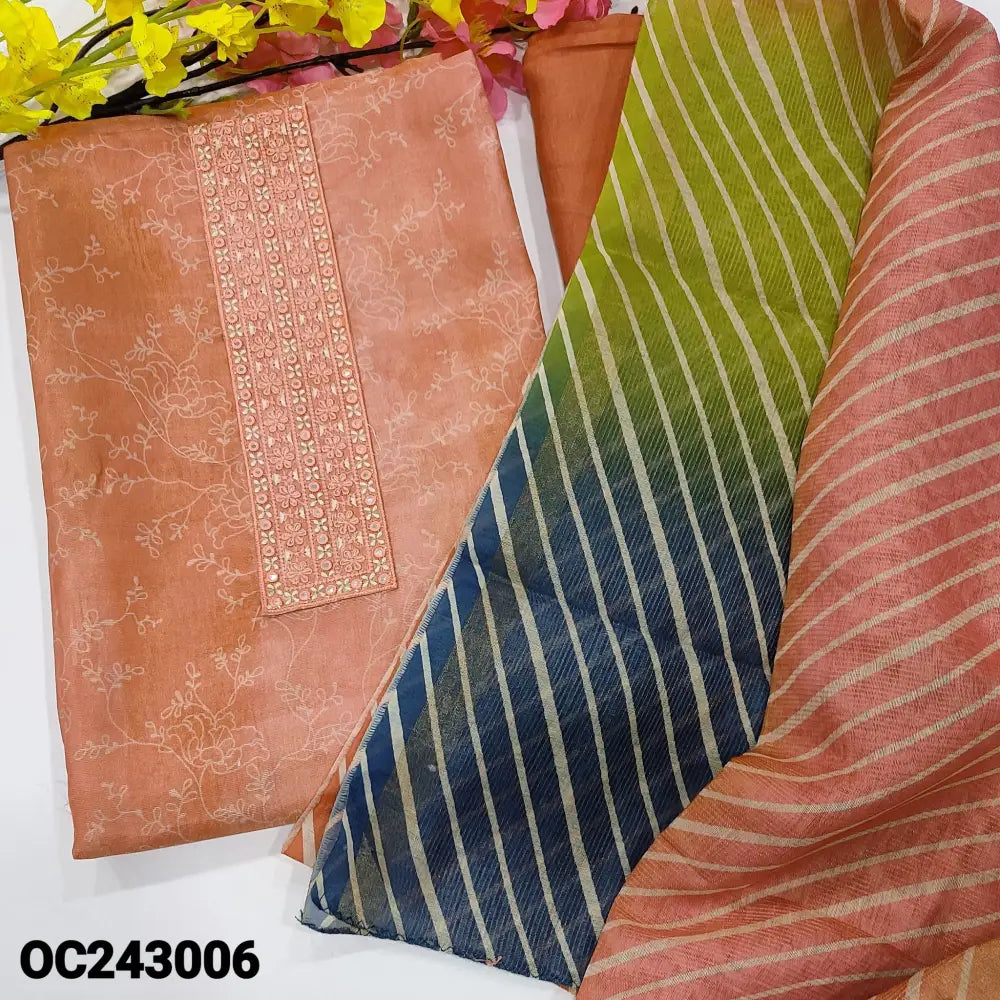 CODE OC243006: Pink &peach printed fancy tissue silk cotton unstitched salwar material thread& foil work on yoke(thin