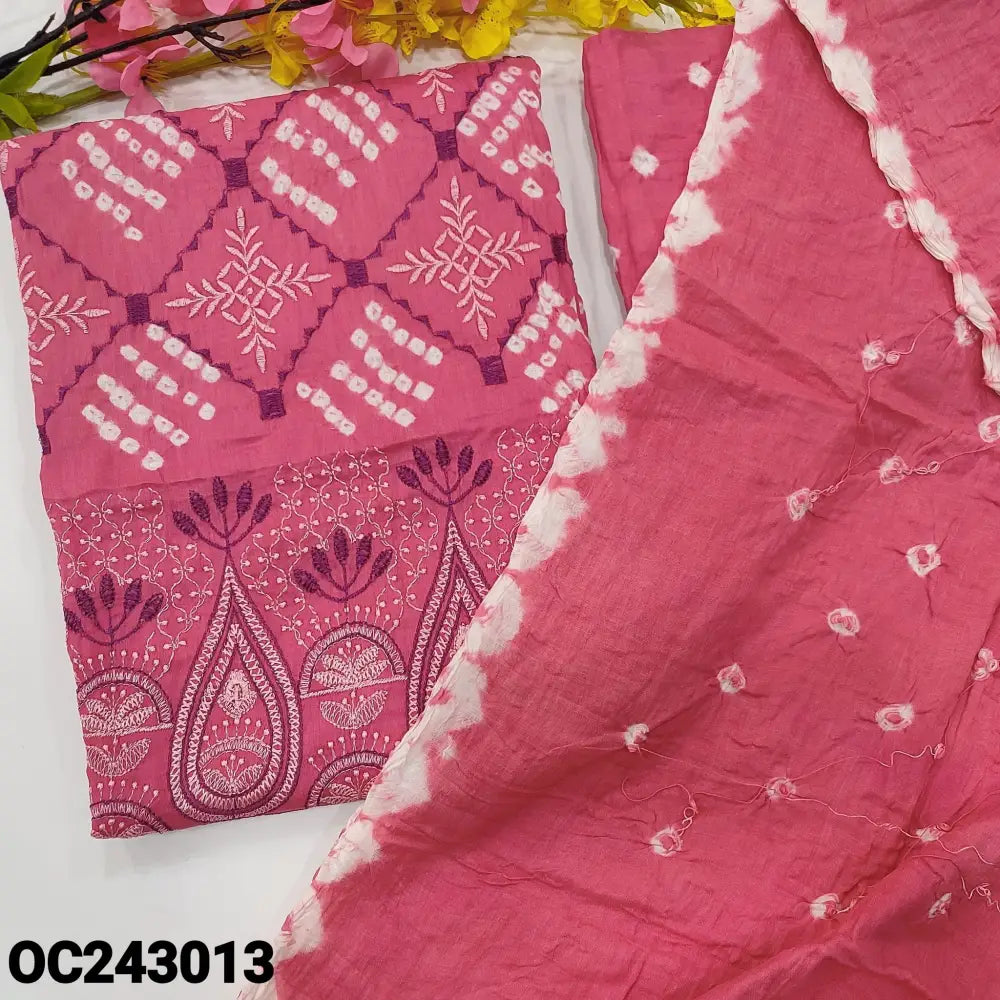 CODE OC243013: Pink pure cotton unstitched salwar material original bandhini work all over embroidered on front(lining