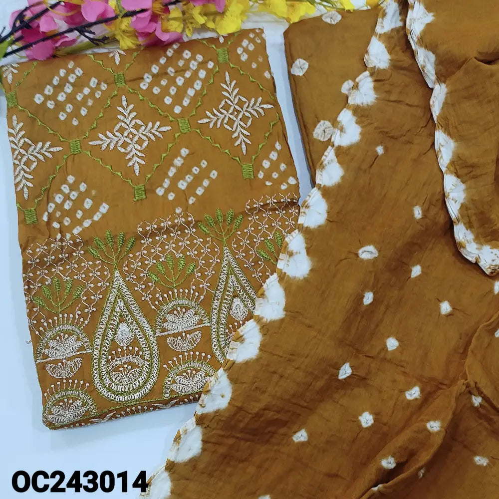 CODE OC243014: Dark fenugreek yellow pure cotton unstitched salwar material original bandhini work all over embroidered