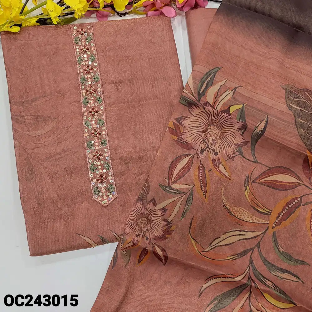 CODE OC243015: Pink with golden tint digital printed tissue silk cotton unstitched salwar material thread& sequin work