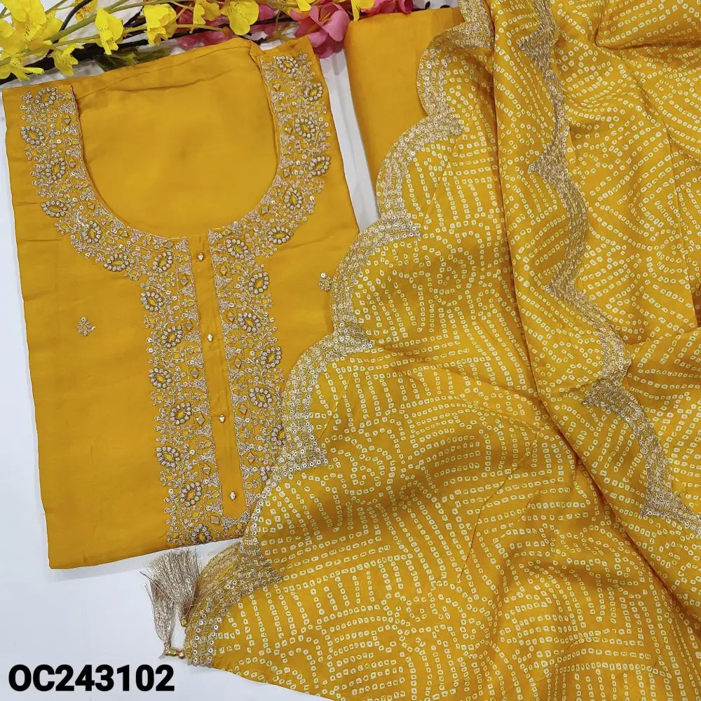 CODE OC243102: Bright mango yellow designer russian silk unstitched salwar material rich zari sequins& real mirror work
