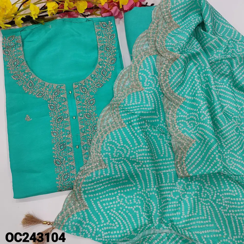 CODE OC243104: Bright turquoise blue designer russian silk unstitched salwar material rich zari sequins& real mirror