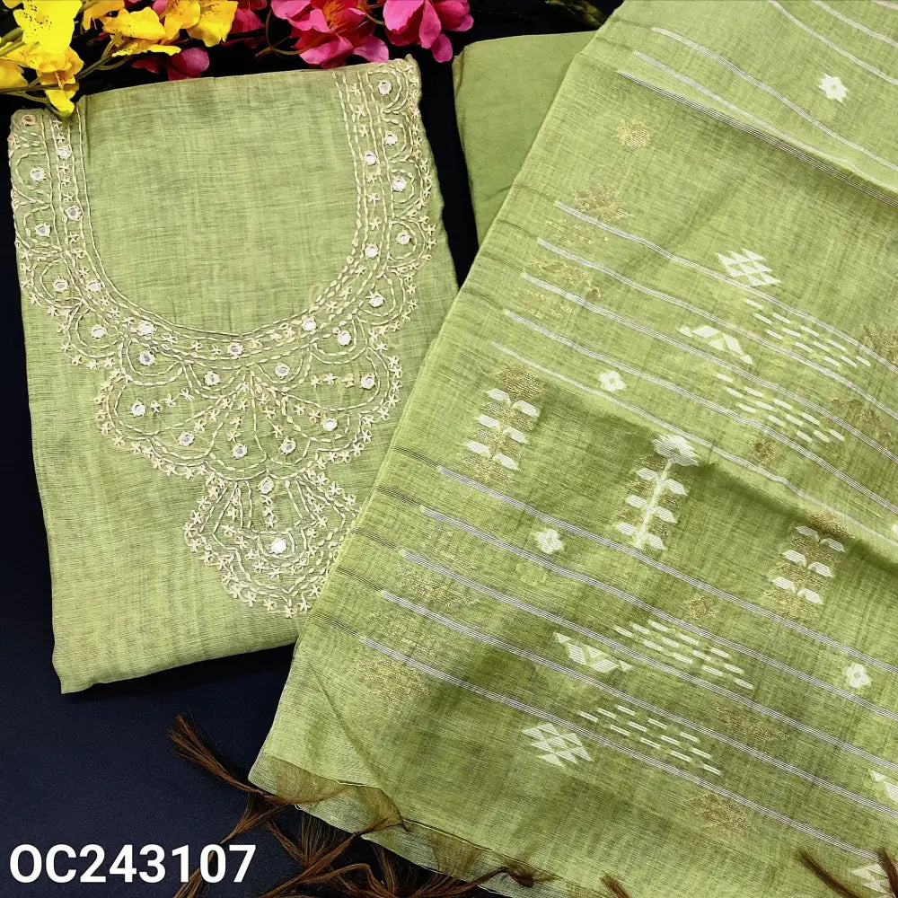 CODE OC243107: Pastel green premium silk cotton unstitched salwar material hand embroidered& real mirror work