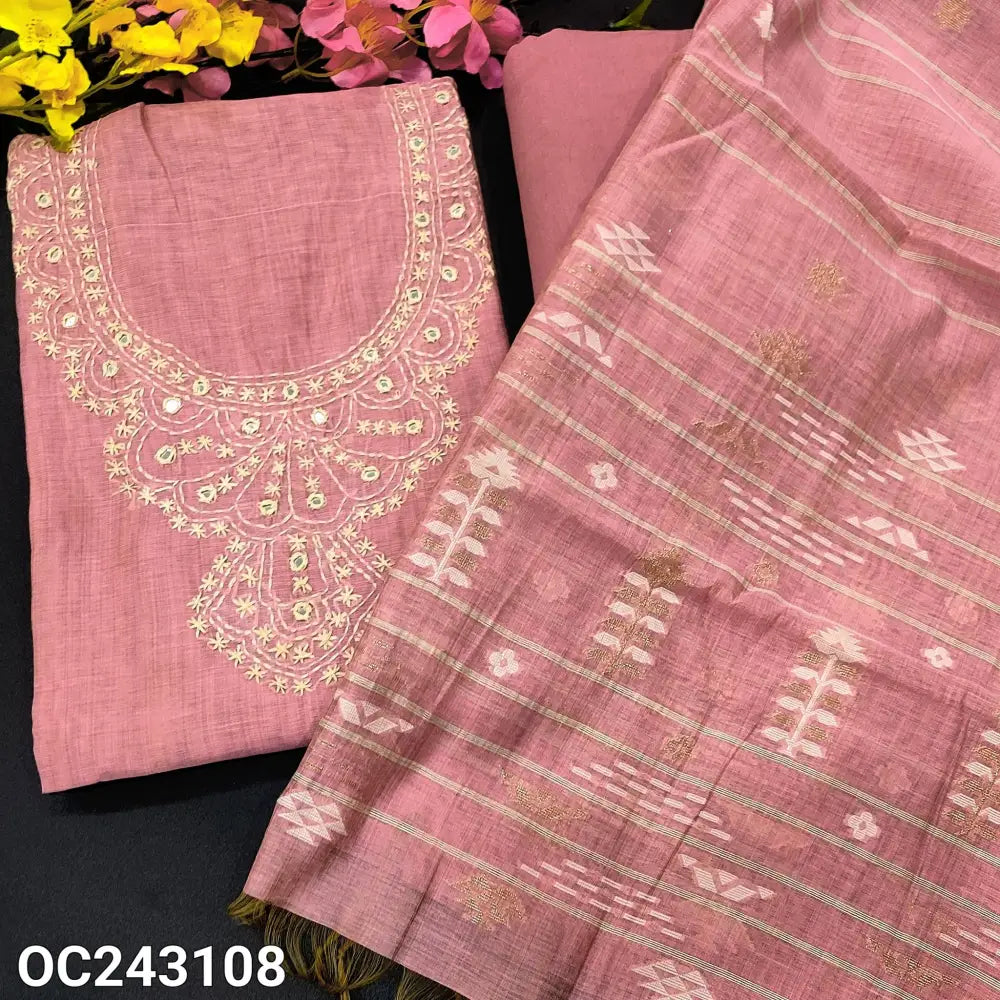 CODE OC243108: Pastel pink premium silk cotton unstitched salwar material hand embroidered& real mirror work