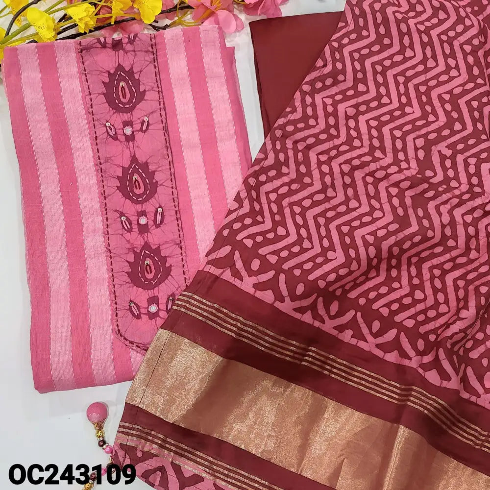 CODE OC243109: Pink kantha cotton unstitched salwar material batik& faux mirror work on yoke(lining optional)dark