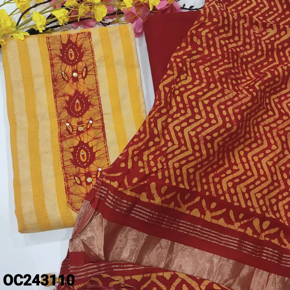CODE OC243110: Bright yellow kantha cotton unstitched salwar material batik& faux mirror work on yoke(lining