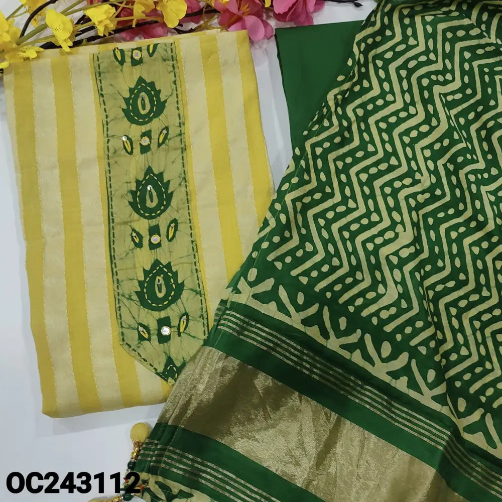 CODE OC243112: Pastel yellow kantha cotton unstitched salwar material batik& faux mirror work on yoke(lining