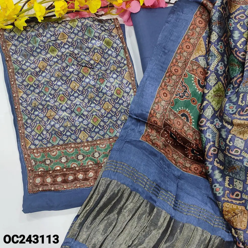 CODE OC243113: Blue designer pure dola silk unstitched salwar material pure gajji yoke patch with bead& sequins