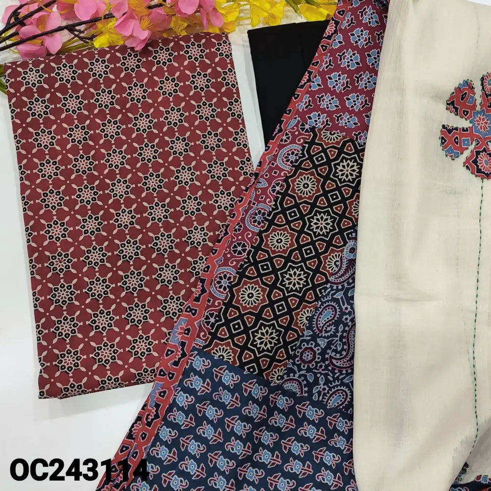 CODE OC243114: Maroon ajrak block printed premium soft cotton unstitched salwar material(lining optional)black pure