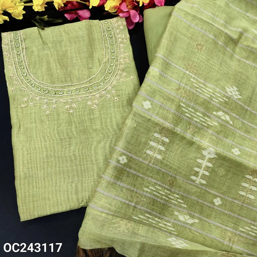 CODE OC243117: Pastel green premium silk cotton unstitched salwar material hand embroidered& real mirror work