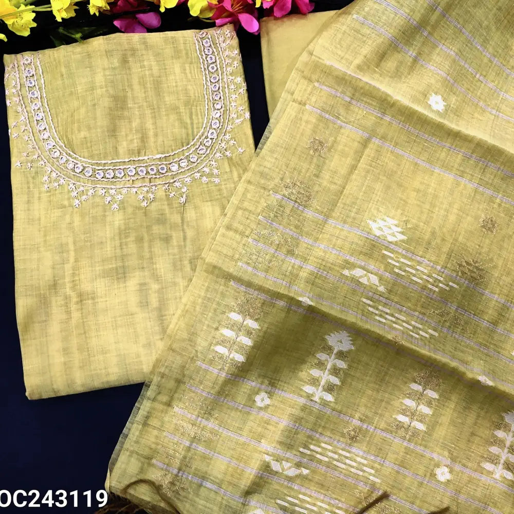 CODE OC243119: Pastel yellow premium silk cotton unstitched salwar material hand embroidered& real mirror work