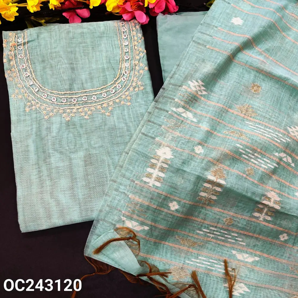 CODE OC243120: Pastel blue premium silk cotton unstitched salwar material hand embroidered& real mirror work