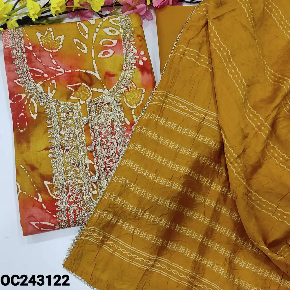 CODE OC243122: Mehandhi yellow &pink printed jam cotton unstitched salwar material zari sequins& fancy buttons