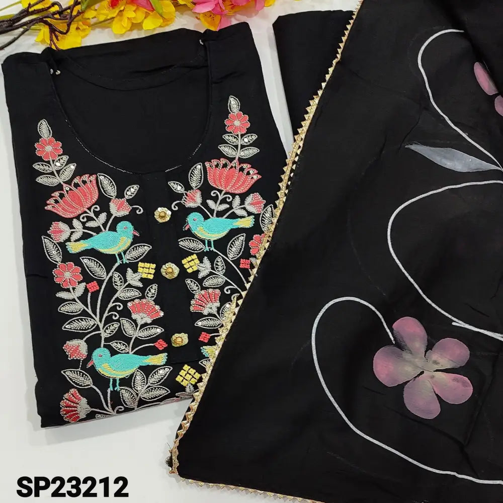 CODE SP23212: Black Liquid fabric unstitched Salwar material(Soft Flowy thin fabric lining needed) round neck