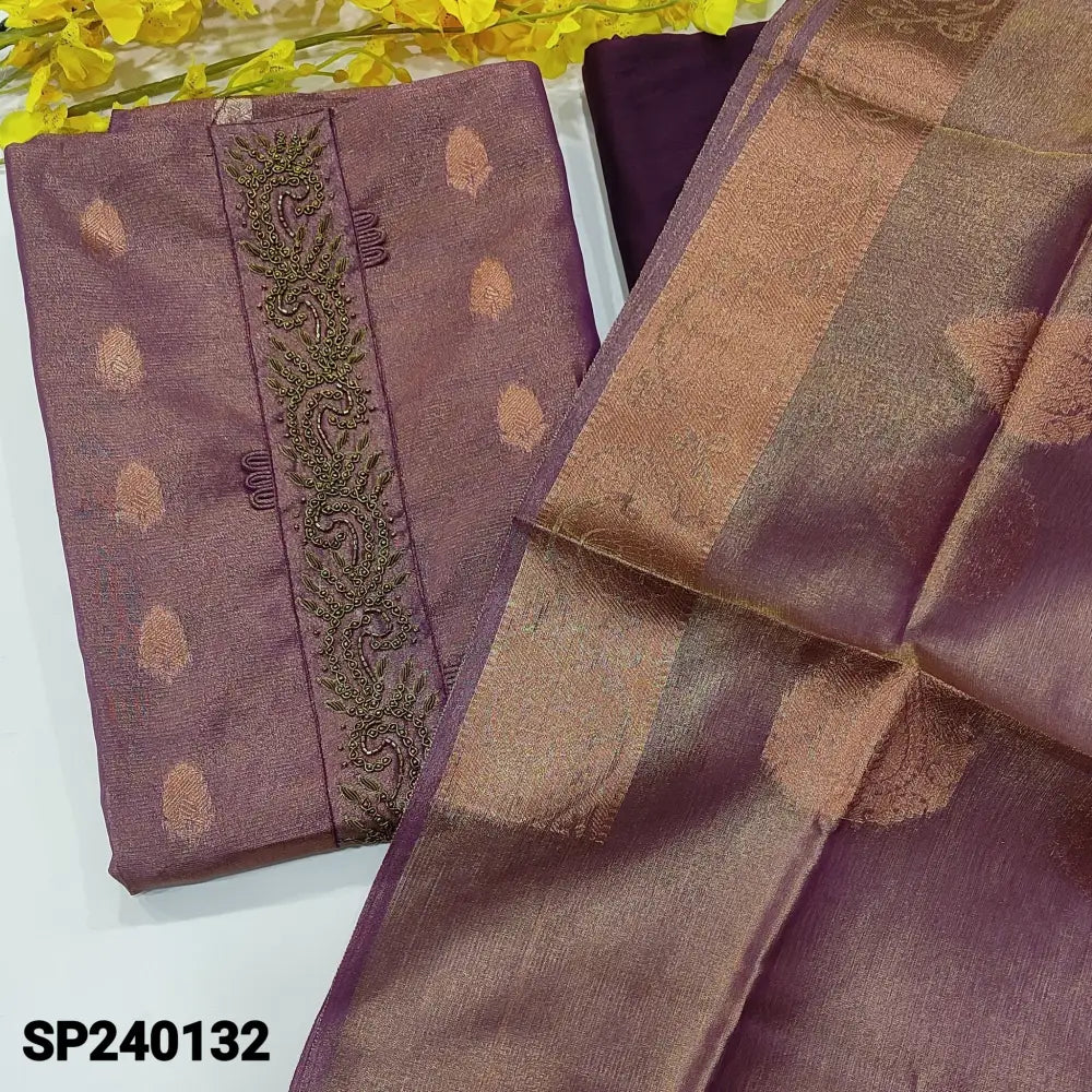 CODE SP240132: Purple with golden tint tissue silk cotton unstitched salwar material rich bead work on yoke copper&