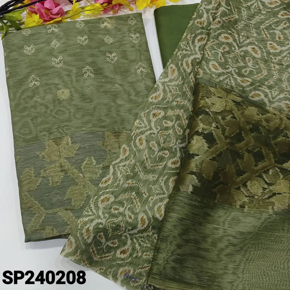 CODE SP240208: Light olive green printed slub silk cotton unstitched salwar material zari buttas on front(thin fabric