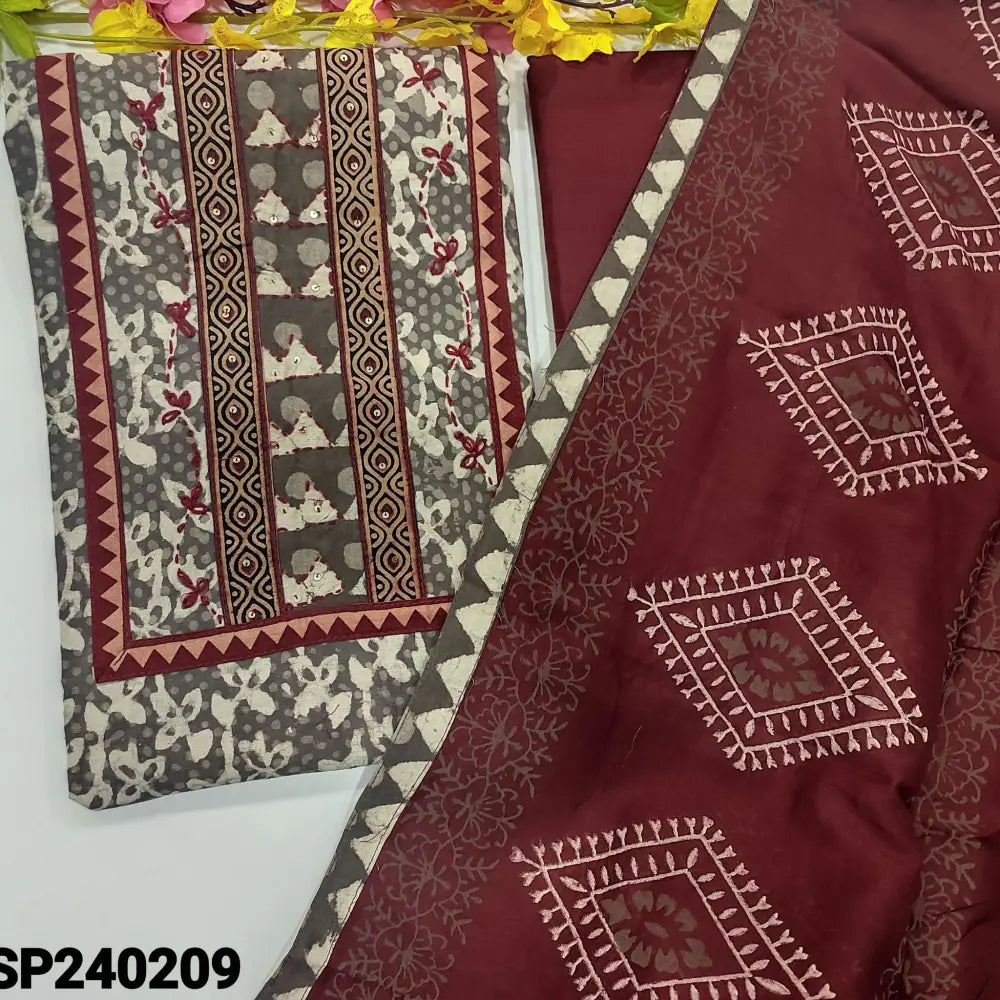 CODE SP240209: Grey bagru block printed premium cotton unstitched salwar material hand work on yoke(lining