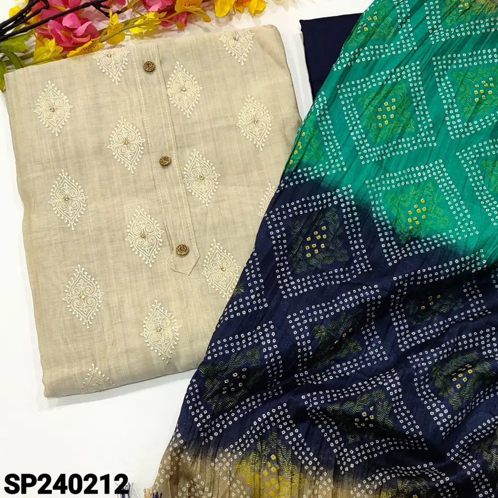 CODE SP240212: Beige embroidered fancy silk cotton unstitched salwar material fancy buttons on yoke(lining