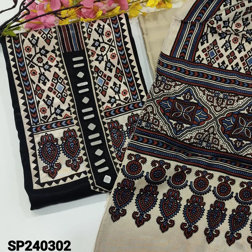 CODE SP240302: Black pure gajji silk unstitched salwar material ajrak printed yoke with real mirror work(lining