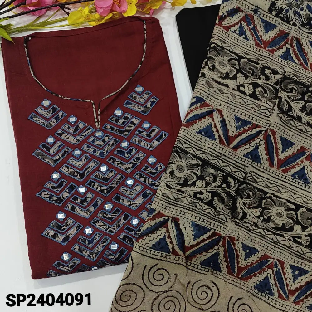 CODE SP2404091: Maroon designer premium cotton unstitched salwar material rich applique &real mirror work