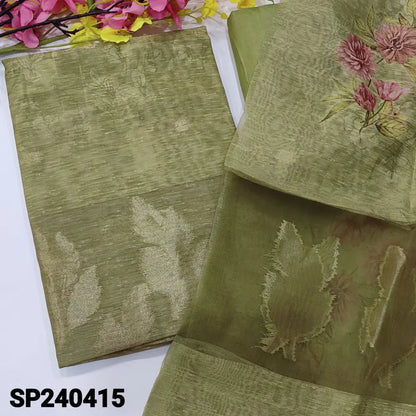 CODE SP240415: Light cardamom green designer printed slub silk cotton unstitched salwar material zari buttas