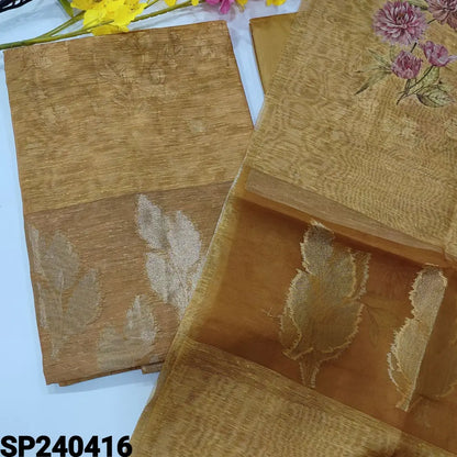 CODE SP240416: Dark fenugreek yellow designer printed slub silk cotton unstitched salwar material zari buttas