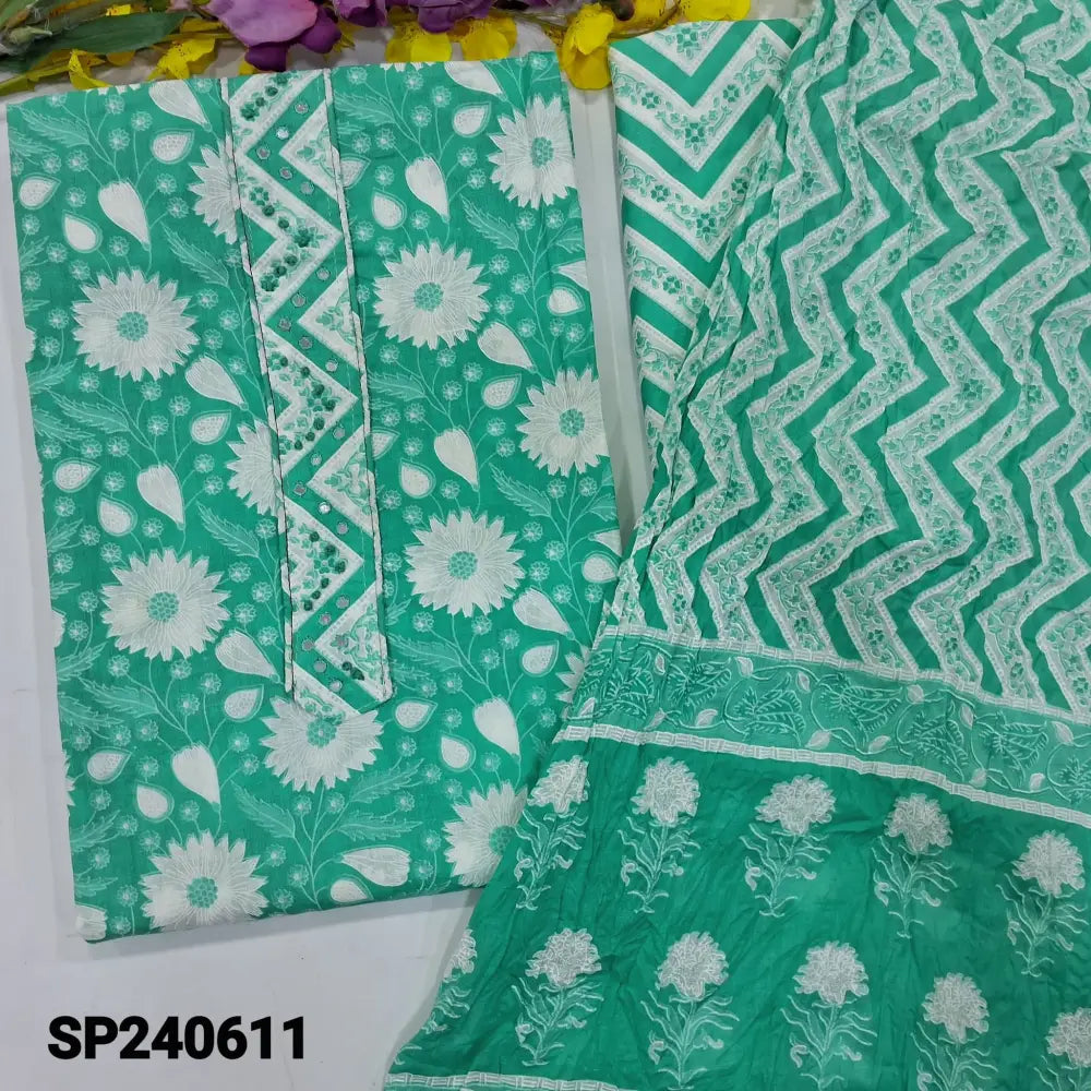 CODE SP240611: Turquoise green floral printed soft cotton unstitched salwar material thread& faux mirror work