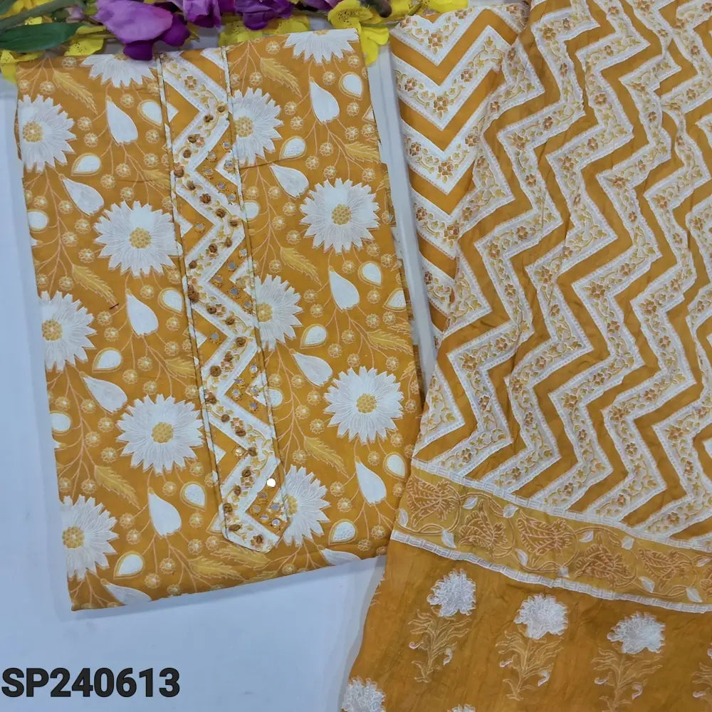 CODE SP240613: Mehandhi yellow floral printed soft cotton unstitched salwar material thread& faux mirror work