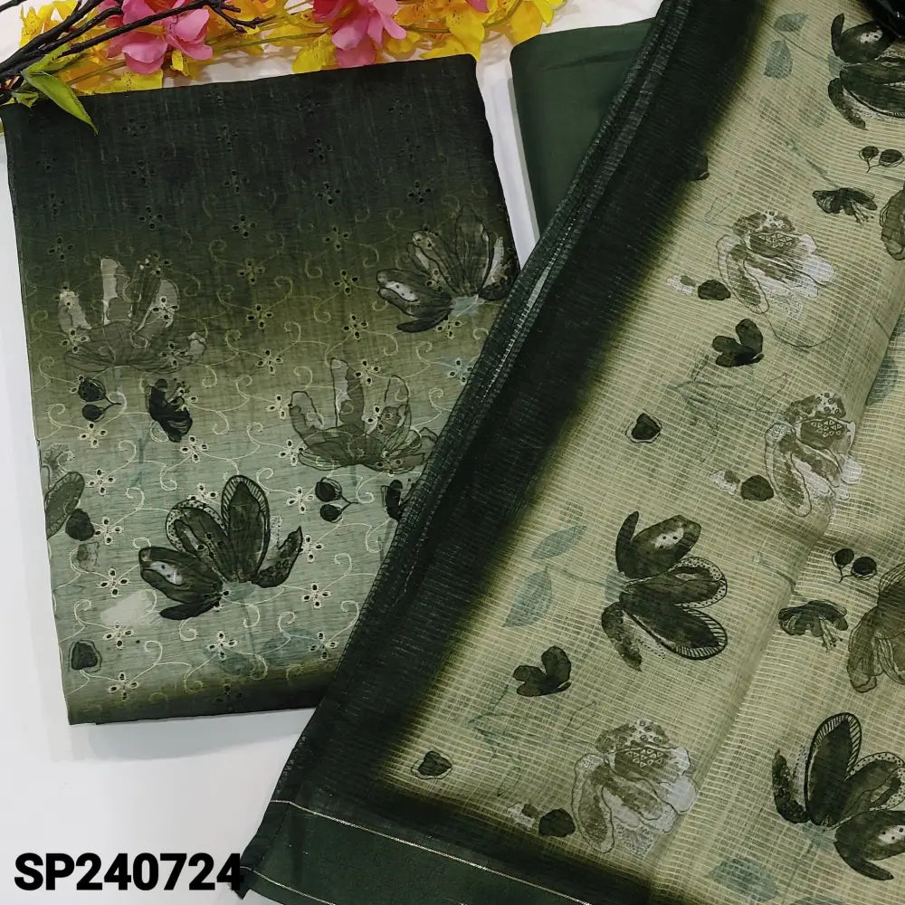 CODE SP240724: Dark olive green with light green silk cotton unstitched salwar material schiffli embroidered