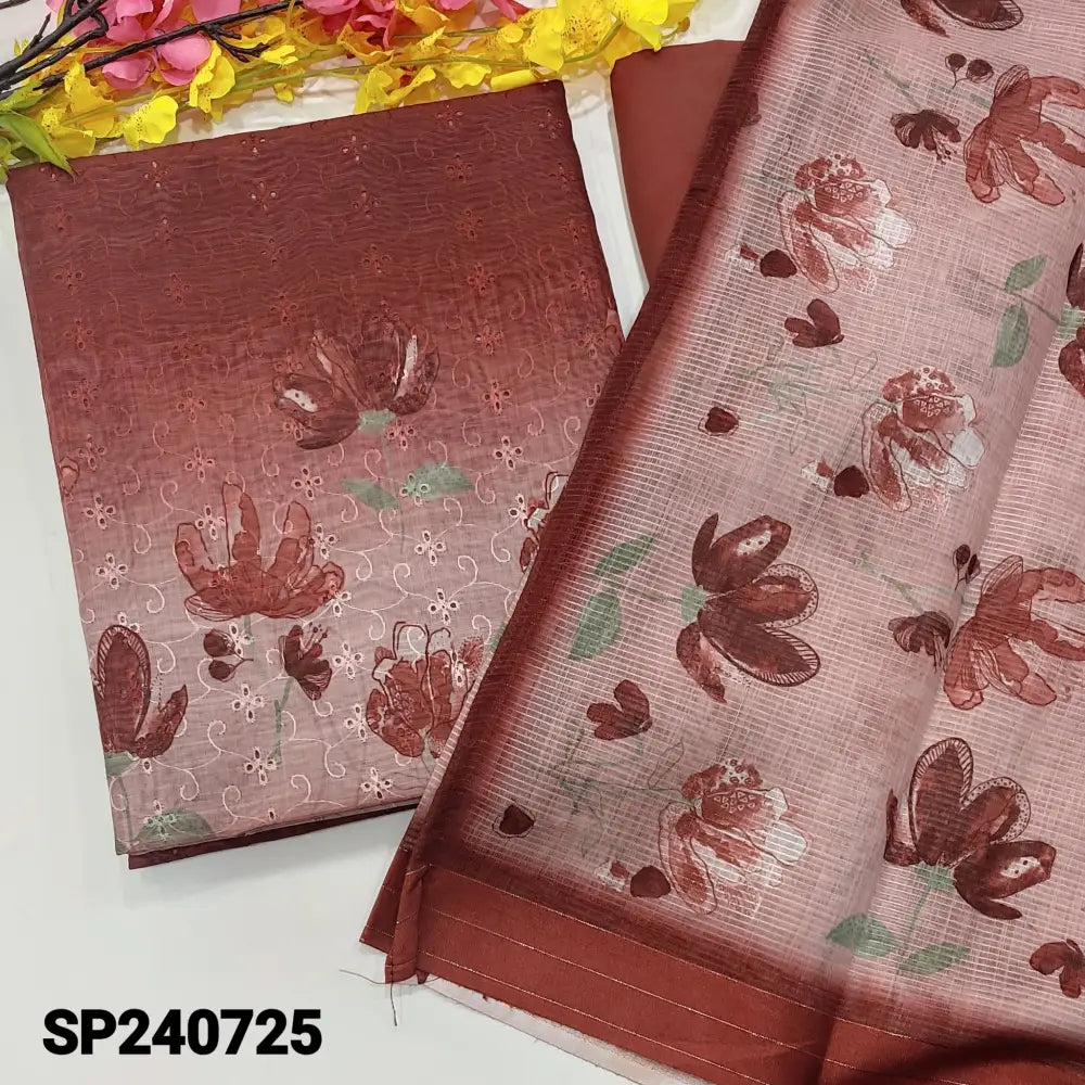 CODE SP240725: Maroon with pastel pink silk cotton unstitched salwar material schiffli embroidered on front(lining
