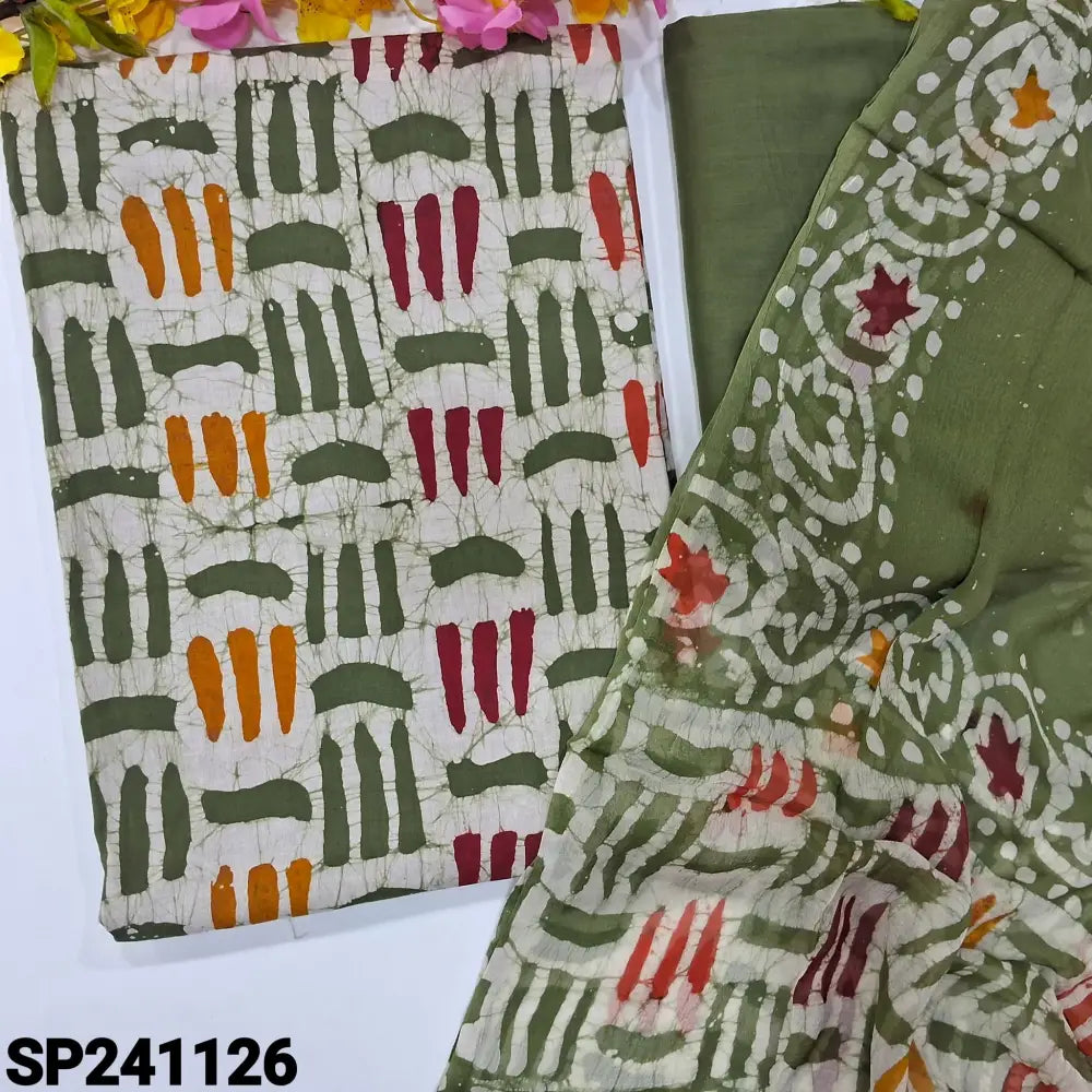 CODE SP241126: Green base original wax batik premium cotton unstitched salwar material(lining optional)matching pure