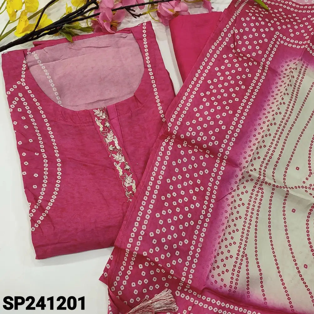 CODE SP241201: Bright pink designer bandhini printed pure russian silk unstitched salwar material thread bead& zardosi