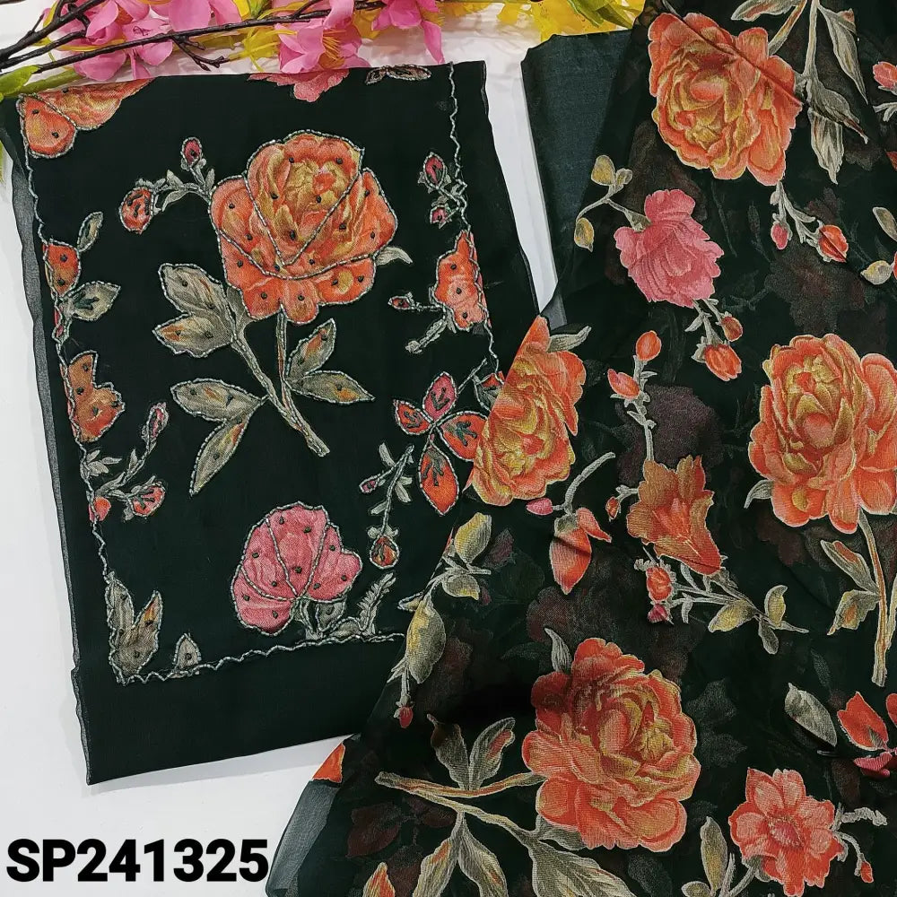 CODE SP241325: Dark green semi georgette unstitched salwar material floral print with bead work on yoke(lining