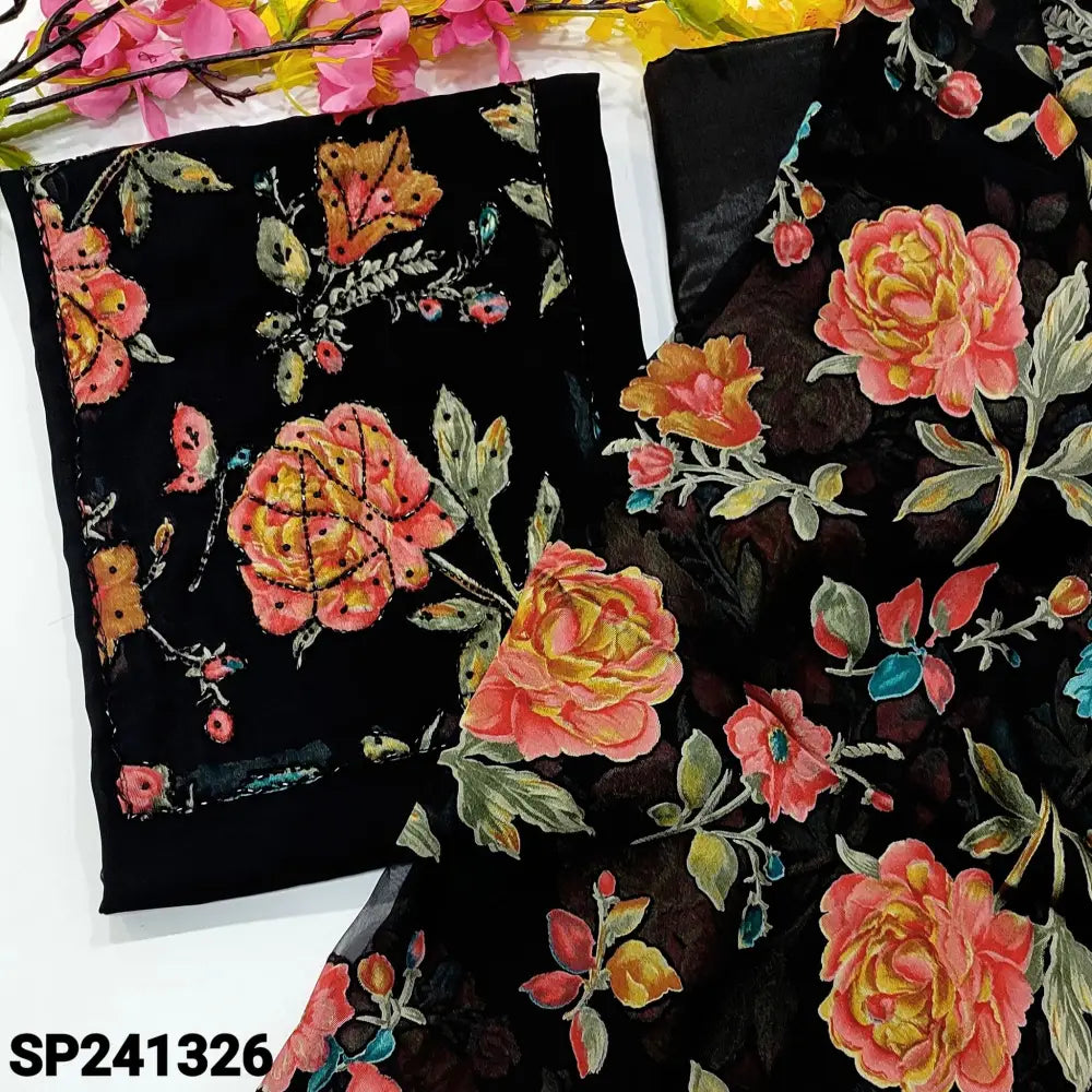 CODE SP241326: Black semi georgette unstitched salwar material floral print with bead work on yoke(lining