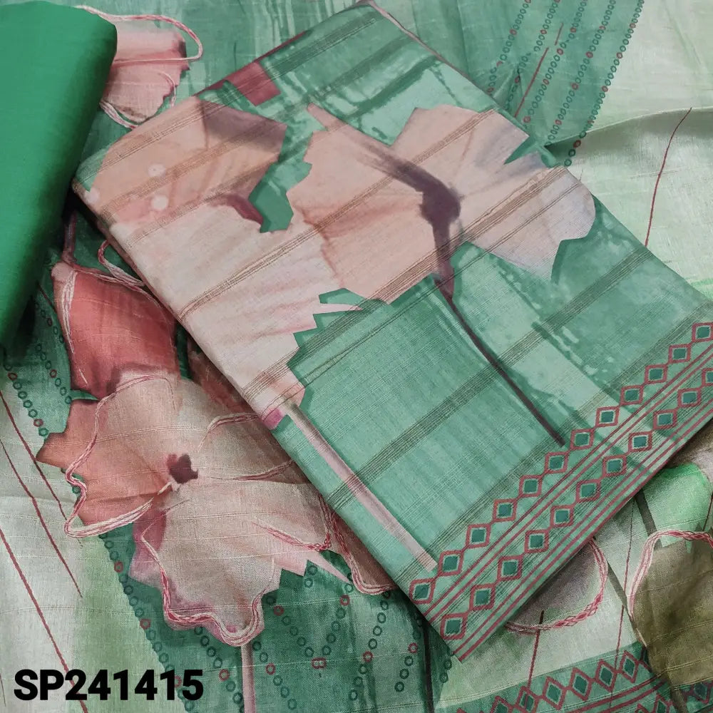 CODE SP241415: Turquoise green abstract printed semi gicha textured silk cotton unstitched salwar material self woven