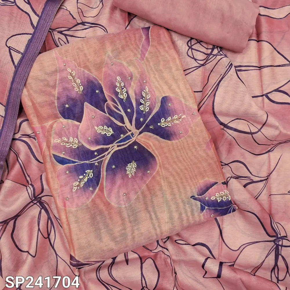 CODE SP241704: Pastel pink with purple border digital printed soft silk cotton unstitched salwar material zardozi